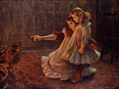 炎の中の顔: 火の中を見つめる女性と子供 (カラー リソ) 作： English School
