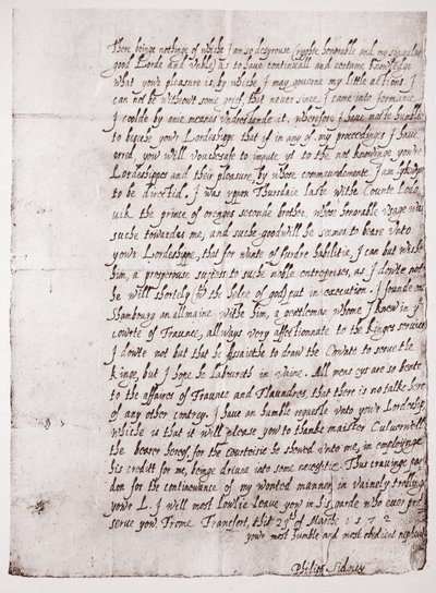 1872歳のフィリップシドニーの手書きのファクシミリ、1572年3月23日 作： English School