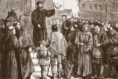 ヌーシャテルの市場で説教しているファレル。 1878 作： English School