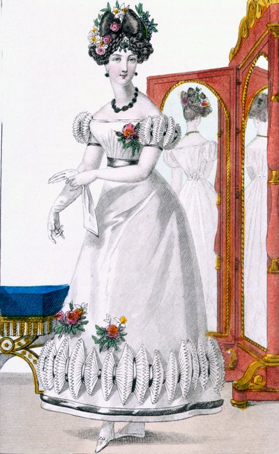 イブニングドレスを着た女性のファッション・プレート、「モード・ド・パリ」の広告、1825年頃（カラー・エングレーヴィング）（100997の詳細 作： English School