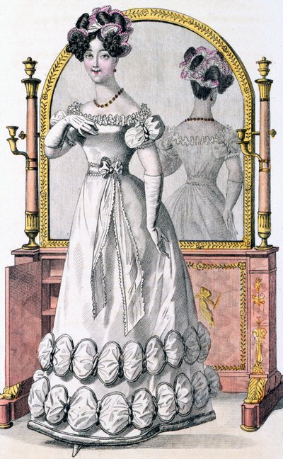 イブニングドレスを着た女性のファッション・プレート、「モード・ド・パリ」の広告、1825年頃（カラー・エングレーヴィング）（100997の詳細 作： English School