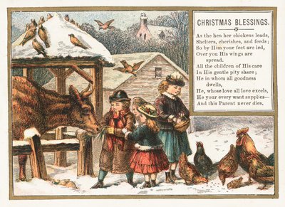 雪の中で動物に餌をやる、クリスマスカード 作： English School
