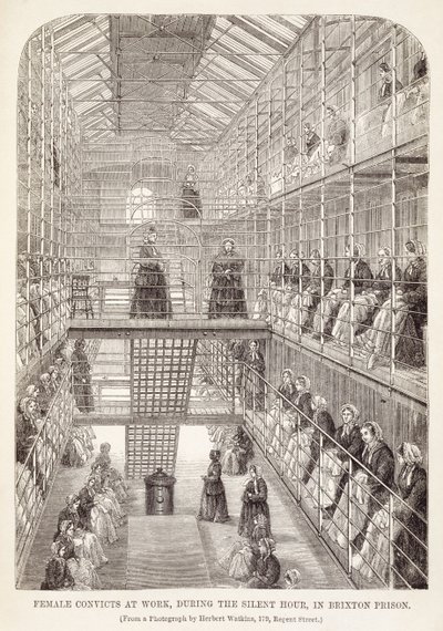 ロンドンの刑務所刑務所とヘンリーメイヒュー（1812-87）とジョンビニー、1860年の刑務所生活の場面からのブリクストン刑務所の静かな時間の間に働いている女性の囚人 作： English School