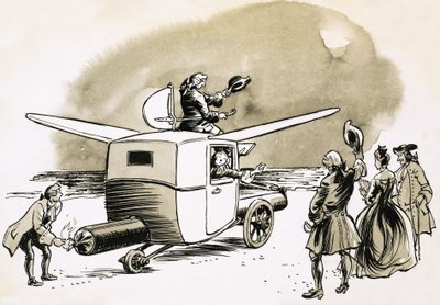 月への架空のフライトには、ガチョウが引くか、花火で動く車が含まれていました 作： English School