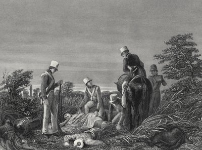Chillianwallahの戦いの後、第24連隊の色を見つける（1850年頃）（彫刻 作： English School