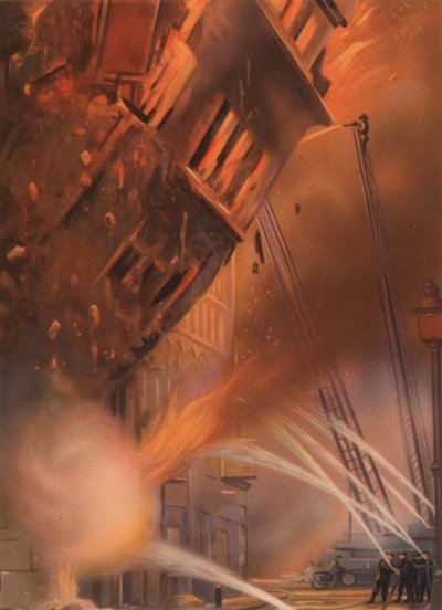 第二次世界大戦中、ロンドンの電撃戦で消火活動をする消防士たち 作： English School