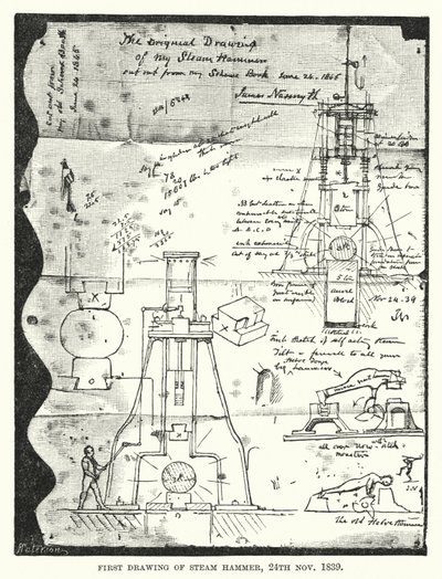 スチームハンマーの初図面 1839年11月24日（エングレービング 作： English School