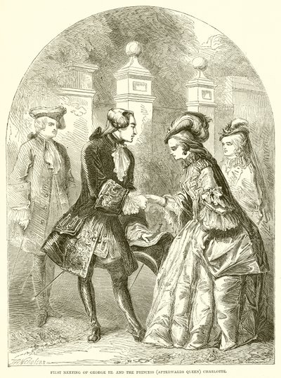 ジョージIIIの最初の会議。そして王女（その後の女王）シャーロット 作： English School