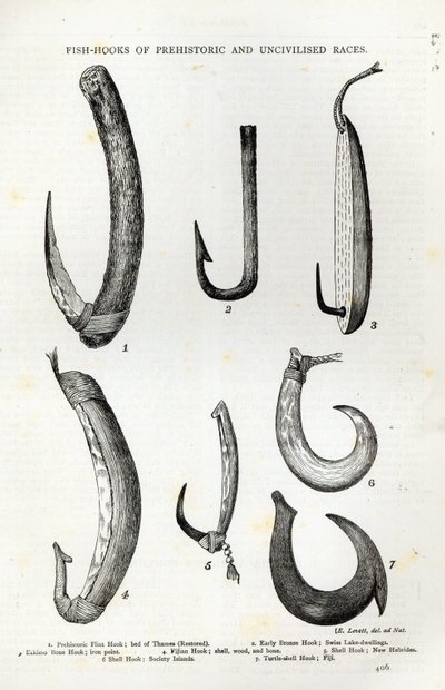 1888年の「レジャーアワー」からの、先史時代および非文明化された人種の釣り針（彫刻） 作： English School
