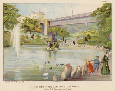 スカボロー、公園の養魚池とバレー・ブリッジ（カラーリトグラフ） 作： English School