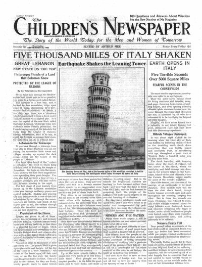 1920年9月、新聞「The Children&39;s Newspaper」の最初のページにある、5000マイルのイタリアの揺れ 作： English School