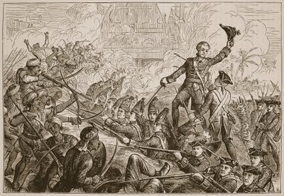 タンジョールのリダウトのフレッチャーズの防御、ジェームズ・グラントによるパブのCassells Illustrated History of Indiaのイラスト。 1879 作： English School