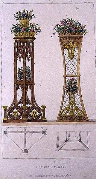 フラワースタンド、アッカーマンの『芸術のリポジトリ』（1809-28年刊）の163番プレート（カラーリトグラフ 作： English School
