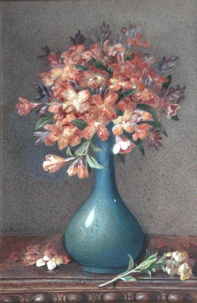 青い花瓶の花 1870年頃 （水彩・紙） 作： English School