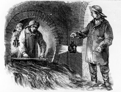 下水道を洗い流す、ヘンリーメイヒュー作「ロンドンレイバーとロンドンプアー」のイラスト、1840年代 作： English School