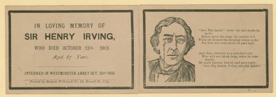 1905年10月13日に亡くなった俳優のヘンリーアーヴィング卿の死去を記した折りたたみカード 作： English School