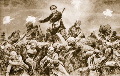 ラージ帝国の栄光のために：1915年3月、ヌーブシャペルでドイツ軍の塹壕を埋めているインド軍 作： English School