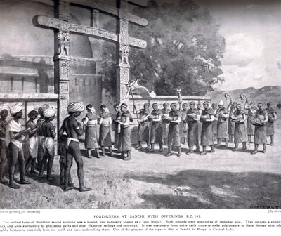 紀元前145年に供物を供えたサンチの外国人、ハッチソンの歴史、1910年頃 作： English School