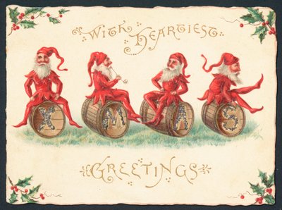 樽、クリスマスカードに座っている4つのピクシー 作： English School