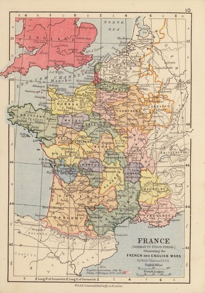 フランス、ノルマン朝からチューダー朝時代、フランスとイギリスの戦争を描く（カラーリトグラフ） 作： English School