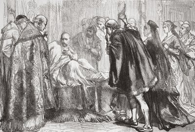 死のベッドにいるフランシス1世、ジェームズアイトケンワイリー（1808〜1890年）による「プロテスタンティズムの歴史」のイラスト、パブ。 1878 作： English School