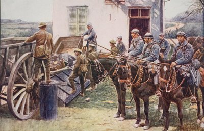 1914〜19年にイギリス軍の支援を受けて村の前哨基地に到着したフランスのランサー 作： English School