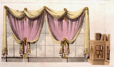 フランスの図書館のカーテン、1809-28年に出版されたアッカーマンの「芸術のリポジトリ」のプレート41（カラーリトグラフ）。 作： English School