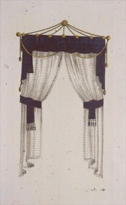フランスの窓辺のカーテン、1811年に出版されたアッカーマンの「芸術のリポジトリ」のプレート30（カラーリトグラフ） 作： English School
