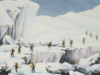 1827年に出版された、チャールズフェローズ（1799〜1860年）による、登山の物語からモンブランの頂上までの、雪の橋のある氷の出現 作： English School