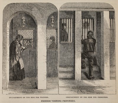 囚人を訪ねる友達、ロンドンの刑務所刑務所のイラスト、ヘンリーメイヒューとジョンビニーによる刑務所生活の情景。 1862 作： English School