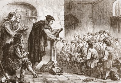モラードのフロマンツ学校、ジェームスエイトケンワイリー（1808〜1890年）によるパブのプロテスタンティズムの歴史のイラスト。 1878 作： English School