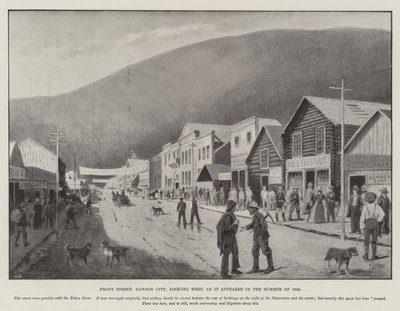1898年夏、ドーソンシティのフロントストリートから西を見たときの様子（彫刻 作： English School