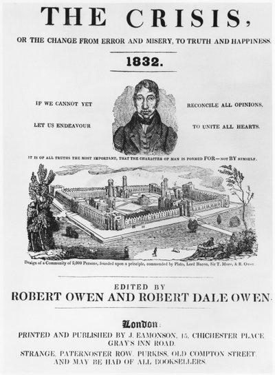 ロバートオーウェン（1771-1858）とロバートデールオーウェン（1801-77）ロンドン編集の危機の表紙、1832年 作： English School
