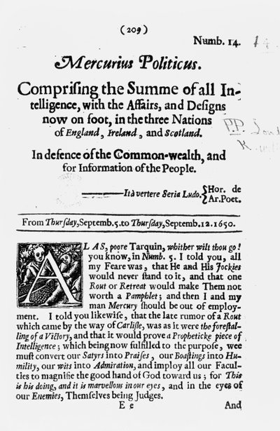 連邦を擁護し、国民の情報のための、Mercurius Politicusの表紙、1650年 作： English School