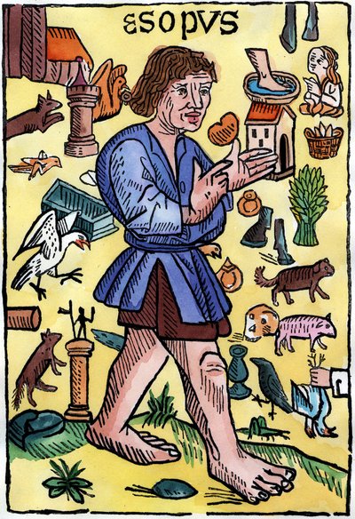 ウィリアム・カクストン(1422? - 1491)がイギリスで印刷したイソップ寓話集の扉絵。 作： English School