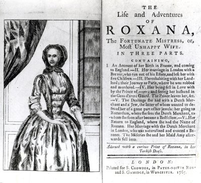 1765年に発行されたDaniel Defoeによるロクサナの人生と冒険のフロントピースとタイトルページ 作： English School