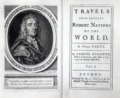 ジョナサン・スウィフトによるガリバー旅行記の表紙とタイトルページ、1726 作： English School