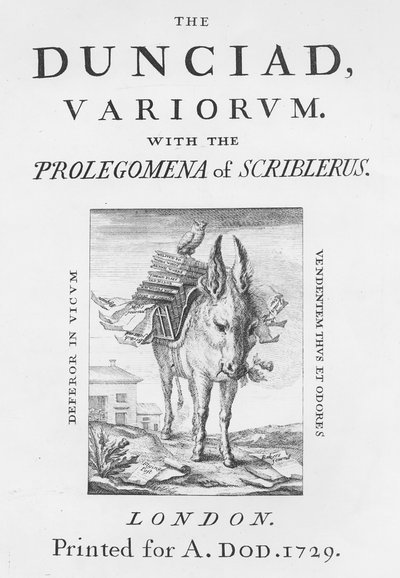 アレクサンドルポープ、1729年のThe Dunciad Variorumの表紙とタイトルページ 作： English School