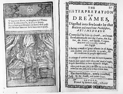 Artemidorusによる「夢の解釈」のフロントピースとタイトルページ、1644年に発行された英語版 作： English School