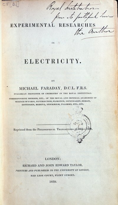 マイケルファラデー（1791-1867）による電気の実験的研究のための口絵 作： English School