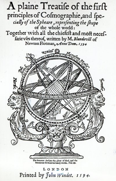 1594年に出版されたThomas BlundevilleによるCosmographieの第一原理の明白な扱いからのFrontispiece 作： English School