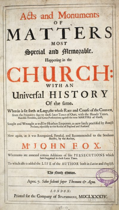 演劇と記念碑のジョン・フォックスによる第9版、パブのFrontispiece。 1684 作： English School