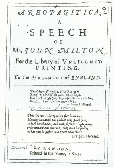 ジョンミルトン（1608-74）パブの演説であるアレオパジティカの口絵。 1644年に 作： English School