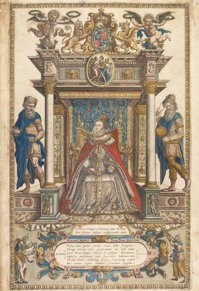 イギリス、ウェールズの国々のアトラスのクリストファー・サクソン、1579年のフロンティピース（手描きの彫刻） 作： English School