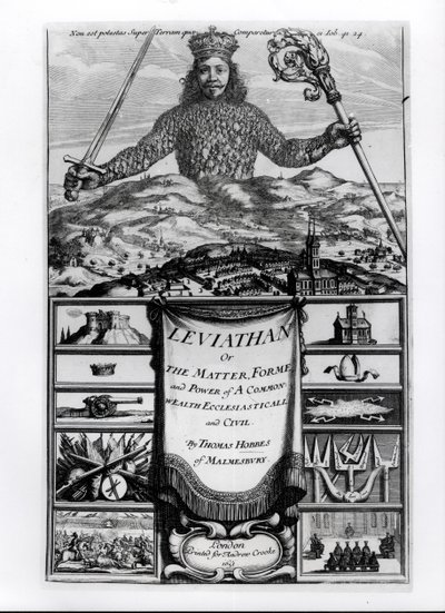 マルムズベリーのトーマス・ホッブス（1588-1679）による、リヴァイアサンまたは共通の富の形式、権力への口絵、エクレスシアスティカルと市民の1651年 作： English School