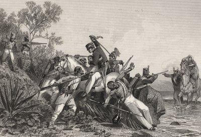 1858年に出版された「インド反乱の歴史」より、反乱軍に襲われた逃亡中のイギリス軍将校とその家族（エングレーヴィング） 作： English School