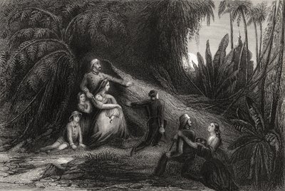 1858年に発行された「インディアン反乱の歴史」から、家族が身を隠している逃亡将校 作： English School