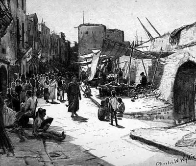 チャールズ・ウィリアム・ワイリー（1853-1923）が彫刻した「The Picturesque Mediterranean」第3巻より、イタリア・タラントのガリバルディ通り（Cassell and Co.Ltd.より 作： English School