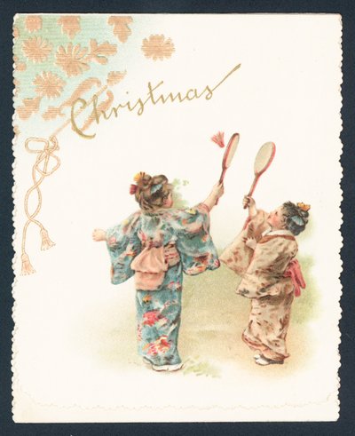 バドミントンをする芸者の女の子、クリスマスカード 作： English School
