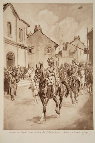1914〜19年にフランスの村を通りジョードプルランサーズを率いるパータブシン将軍 作： English School
